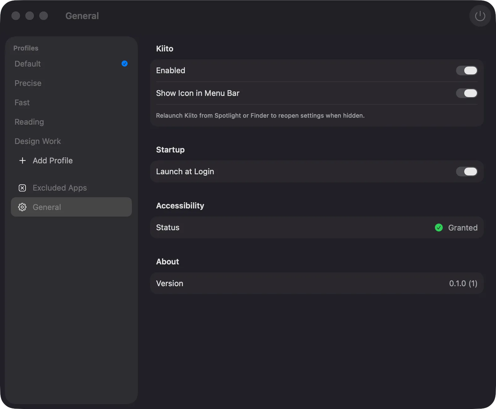 Kiito General settings: enable toggle, show icon in menu bar, launch at login and accessibility status.