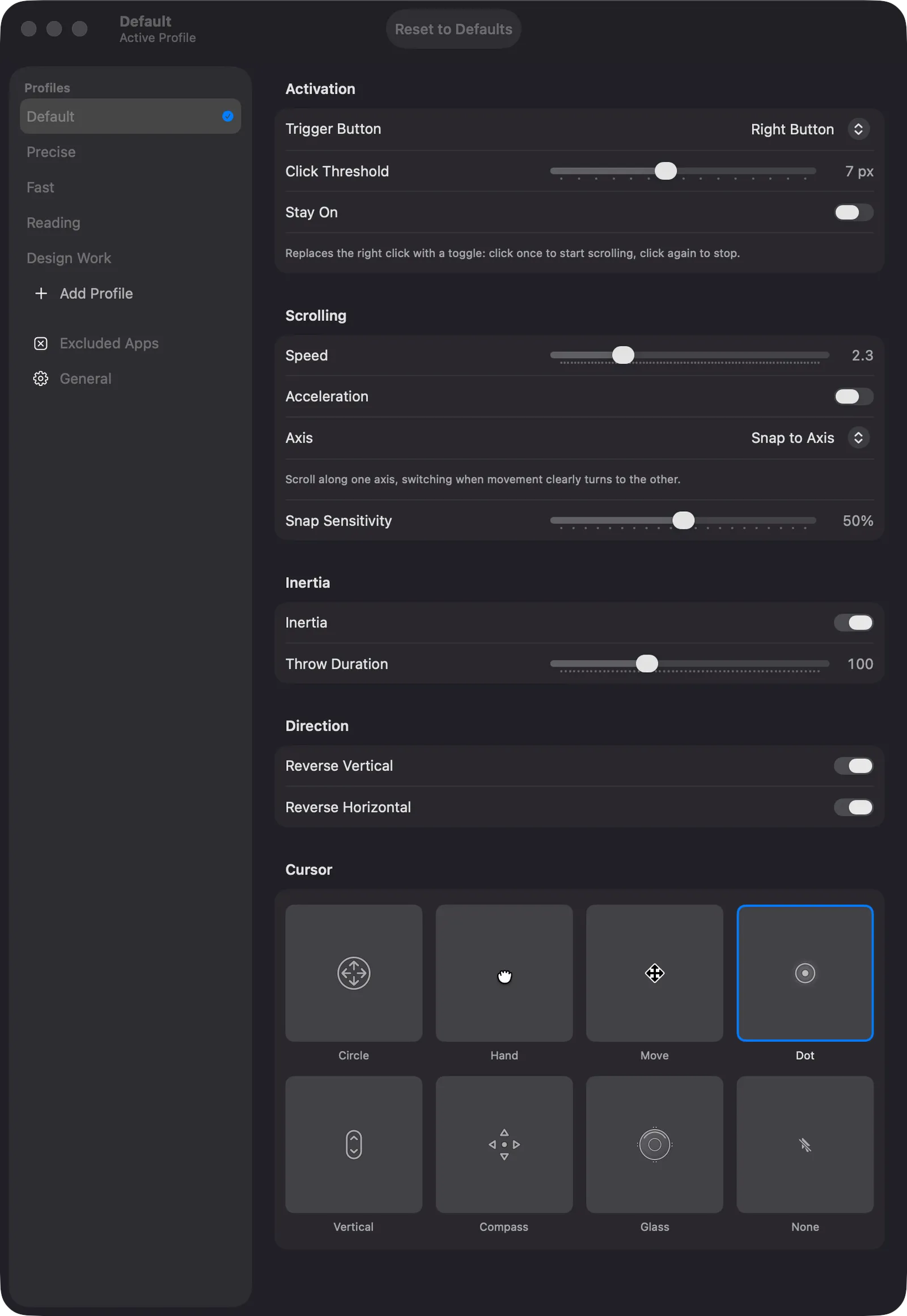 Kiito profile editor: trigger button, click threshold, Stay On, speed, acceleration, axis mode, inertia, direction and a grid of eight cursor styles.