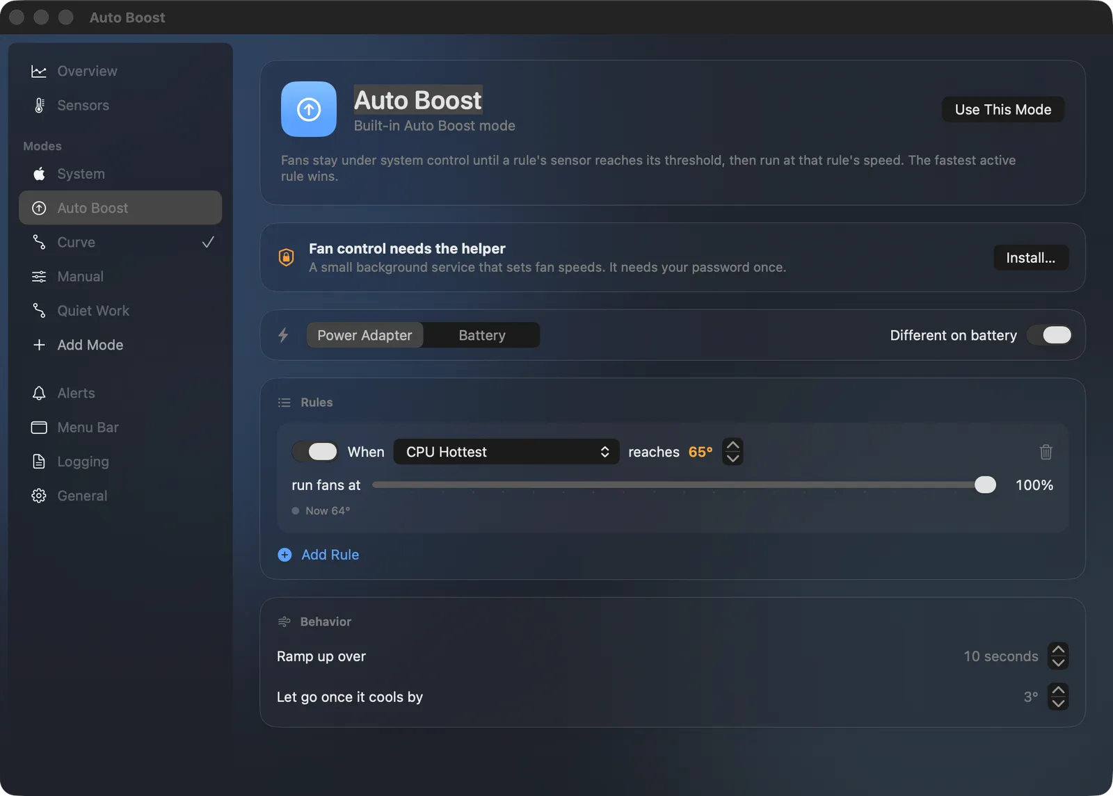 Tuuli Auto Boost mode: a rule that runs the fans at 100 percent when the hottest CPU core reaches 65 degrees, with separate power adapter and battery settings.