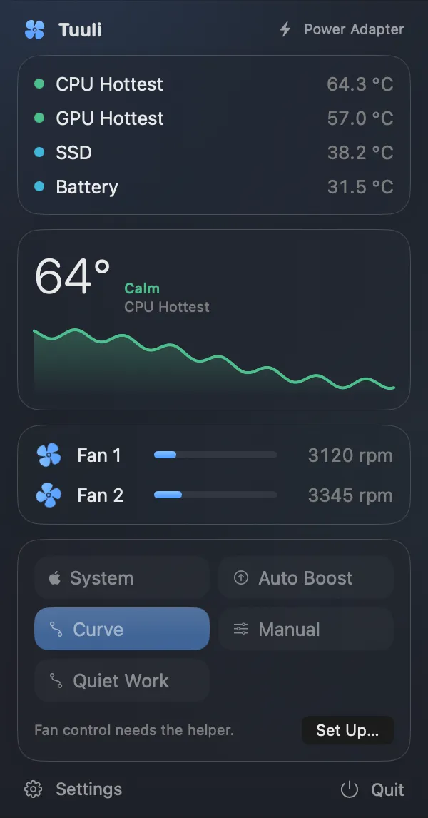 Tuuli menu bar popover with sensor temperatures, a live chart, fan speeds and mode buttons.